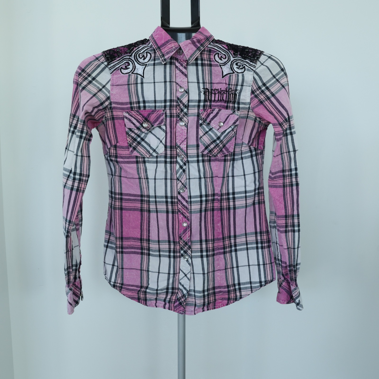 Affliction Black Premium Plaid Western Shirt Rhinestone Lace Womens Xs Pink